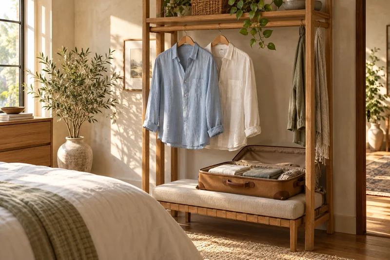 Linen shirts on wooden hangers with an open suitcase in a sunlit dressing corner