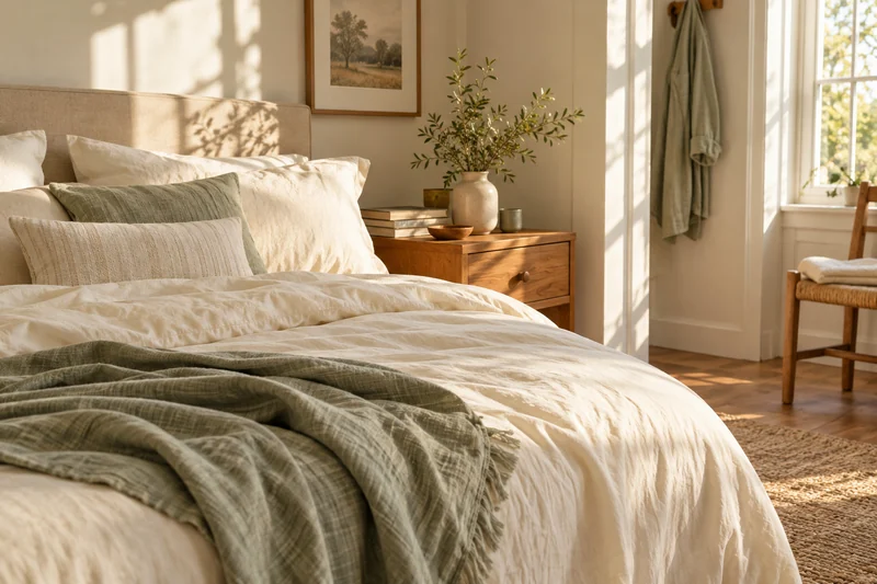 A light-filled bedroom with layered cream bedding, natural wood and soft green accents